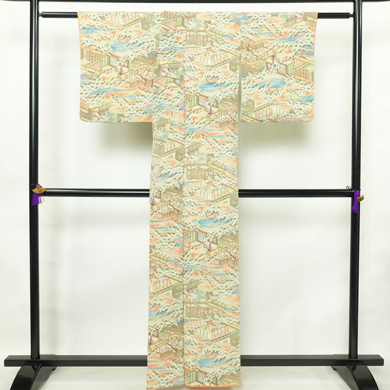 小紋 縮緬 正絹 風景柄 袷仕立て 身丈158.5cm 裄丈65.5cm 着物 多色使い_画像2
