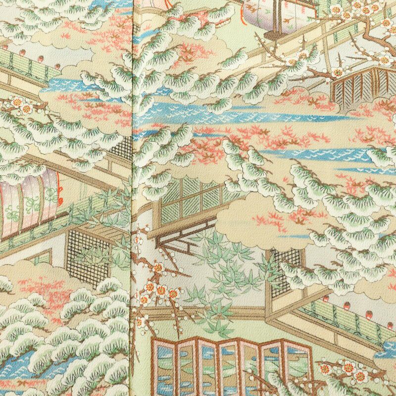 小紋 縮緬 正絹 風景柄 袷仕立て 身丈158.5cm 裄丈65.5cm 着物 多色使い_画像6