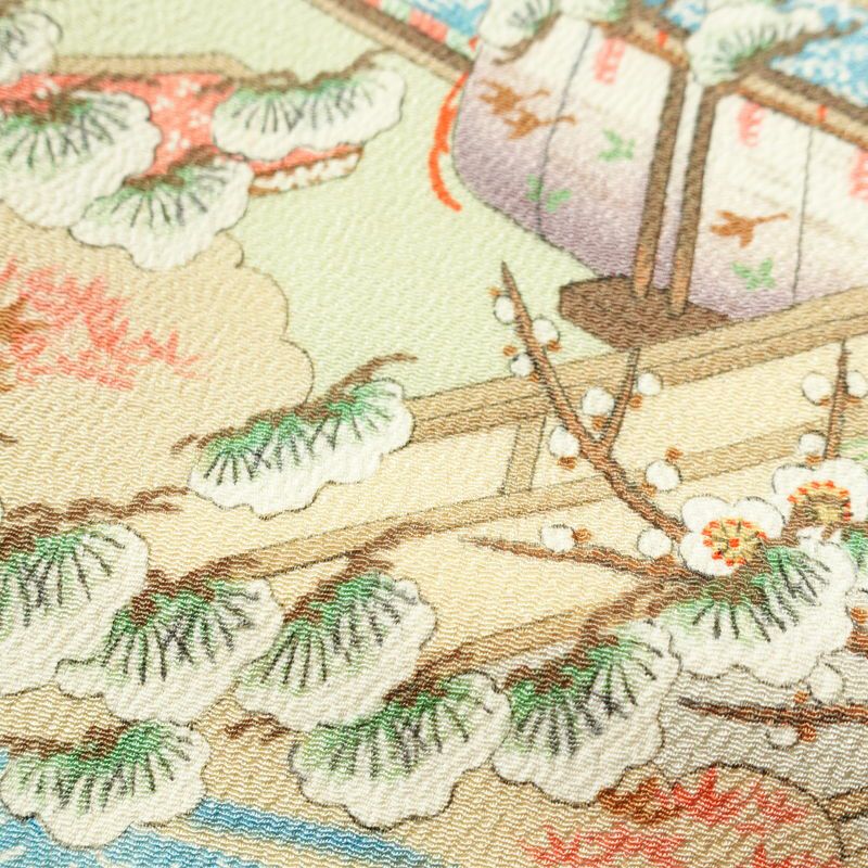 小紋 縮緬 正絹 風景柄 袷仕立て 身丈158.5cm 裄丈65.5cm 着物 多色使い_画像9