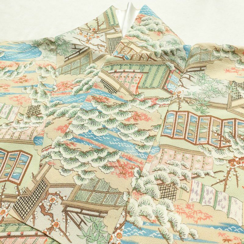 小紋 縮緬 正絹 風景柄 袷仕立て 身丈158.5cm 裄丈65.5cm 着物 多色使い_画像17