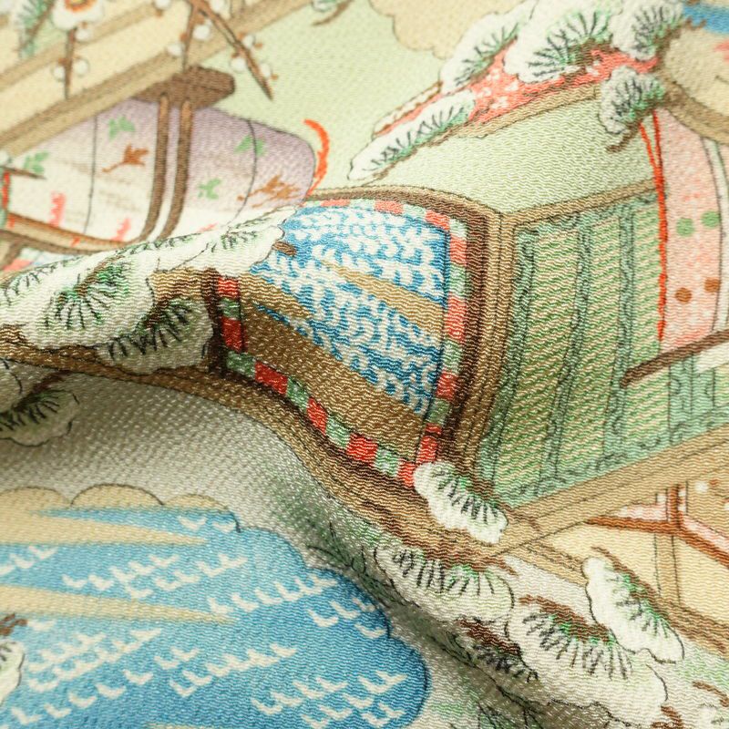 小紋 縮緬 正絹 風景柄 袷仕立て 身丈158.5cm 裄丈65.5cm 着物 多色使い_画像21