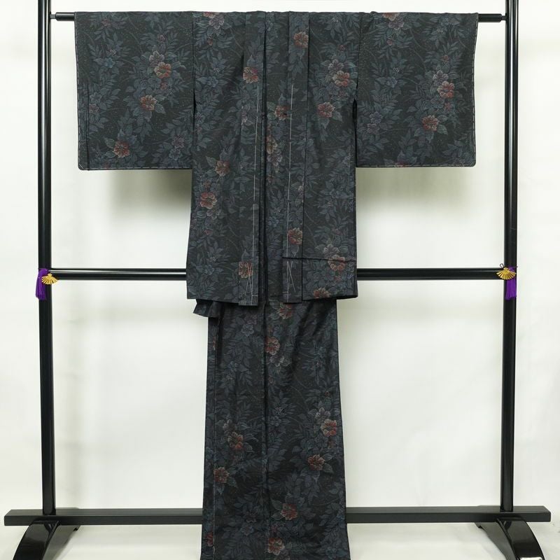 大島紬 良品 アンサンブル しつけ糸付き セット品 正絹 花柄 袷仕立て 身丈170cm 裄丈66cm 着物 青・紺_画像1