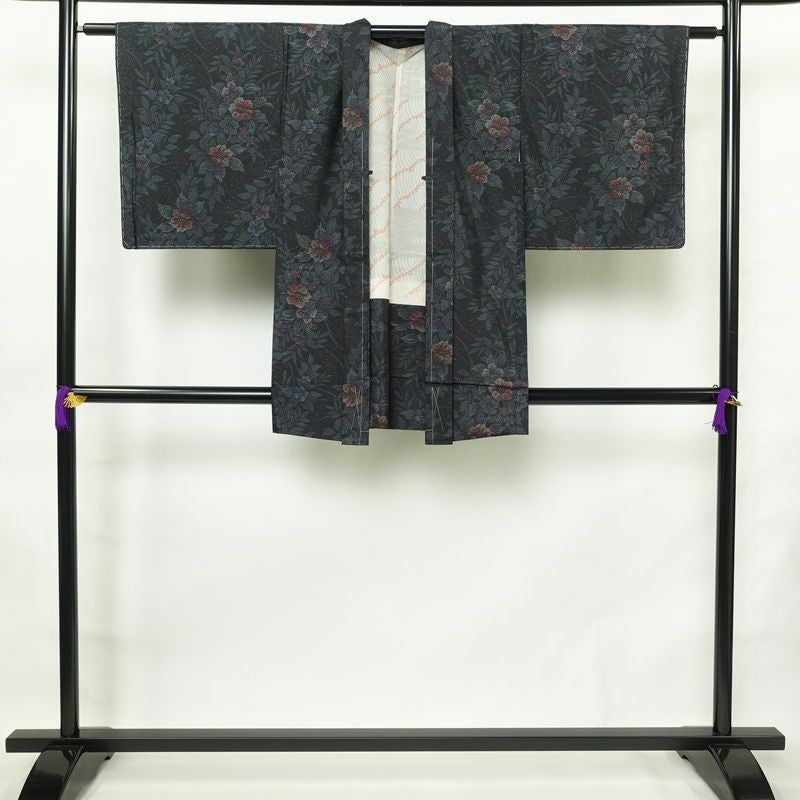 大島紬 良品 アンサンブル しつけ糸付き セット品 正絹 花柄 袷仕立て 身丈170cm 裄丈66cm 着物 青・紺_画像5