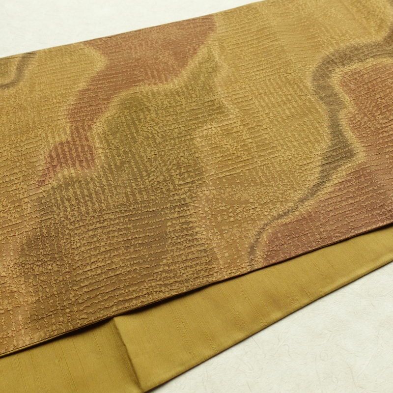 袋帯 全通柄 良品 一般用 正絹 流水・波柄 帯 黄・黄土色_画像11
