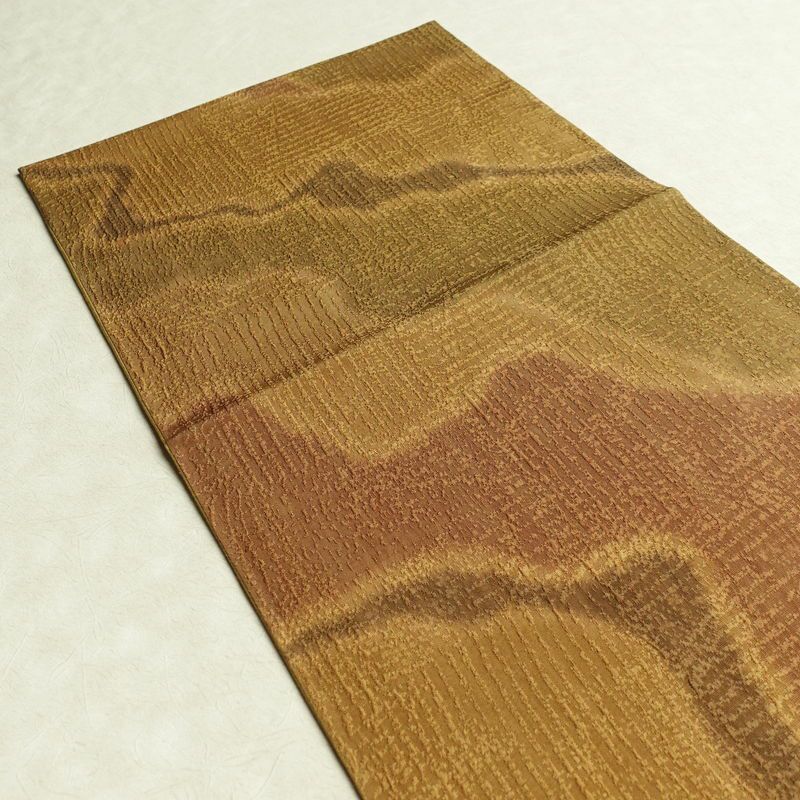 袋帯 全通柄 良品 一般用 正絹 流水・波柄 帯 黄・黄土色_画像16