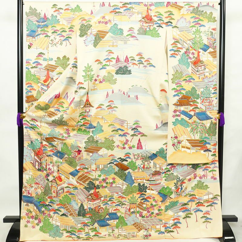 振袖 正絹 風景柄 袷仕立て 身丈172.5cm 裄丈67cm 箔 金彩 フォーマル 二十歳 レトロ 着物 クリーム_画像1