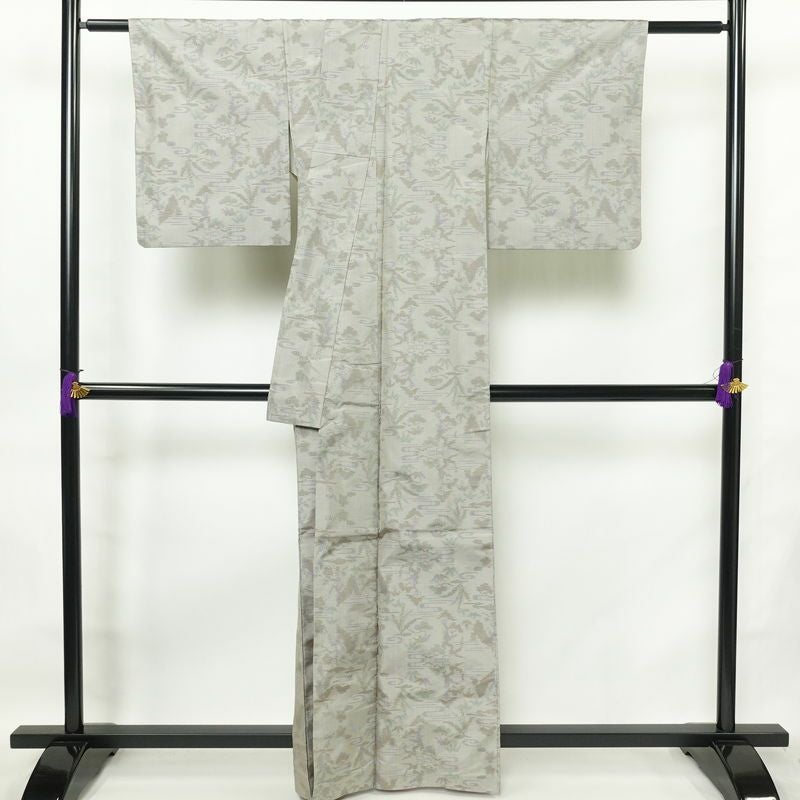 紬 正絹 木の葉・植物柄 袷仕立て 身丈161.5cm 裄丈64.5cm 着物 グレー_画像2