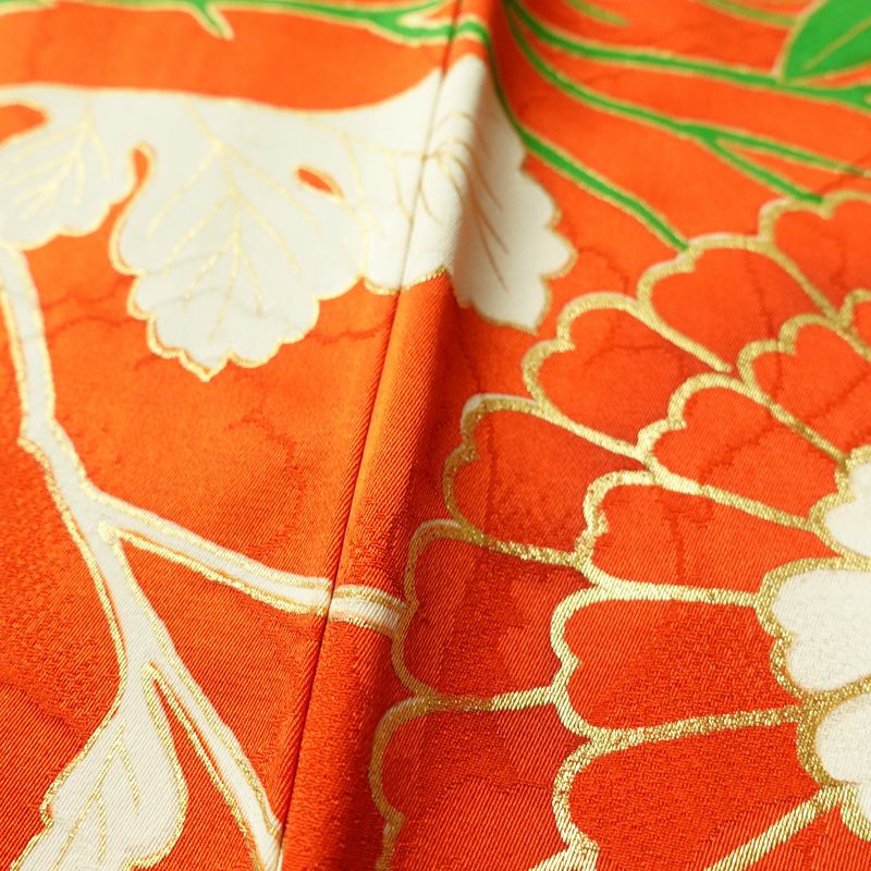 振袖 金駒刺繍 綸子 正絹 花柄 袷仕立て 身丈164cm 裄丈67cm 箔 金彩 フォーマル 着物 橙_画像10