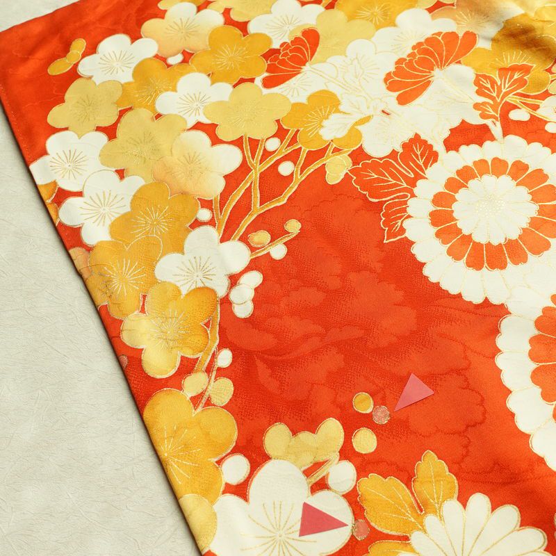 振袖 金駒刺繍 綸子 正絹 花柄 袷仕立て 身丈164cm 裄丈67cm 箔 金彩 フォーマル 着物 橙_画像17