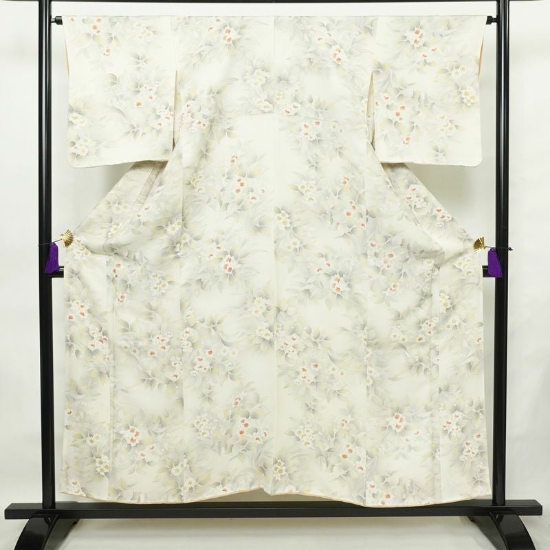 小紋 正絹 花柄 袷仕立て 身丈154.5cm 裄丈64.5cm 箔 着物 グレー_画像1