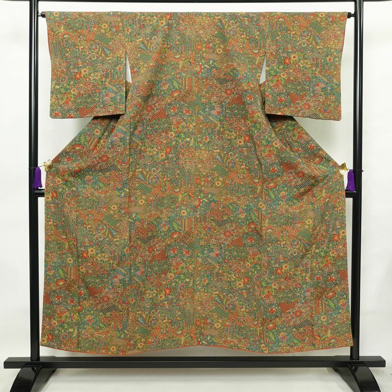 小紋 良品 縮緬 総柄 正絹 幾何学柄・抽象柄 袷仕立て 身丈153cm 裄丈66cm 着物 多色使い_画像1