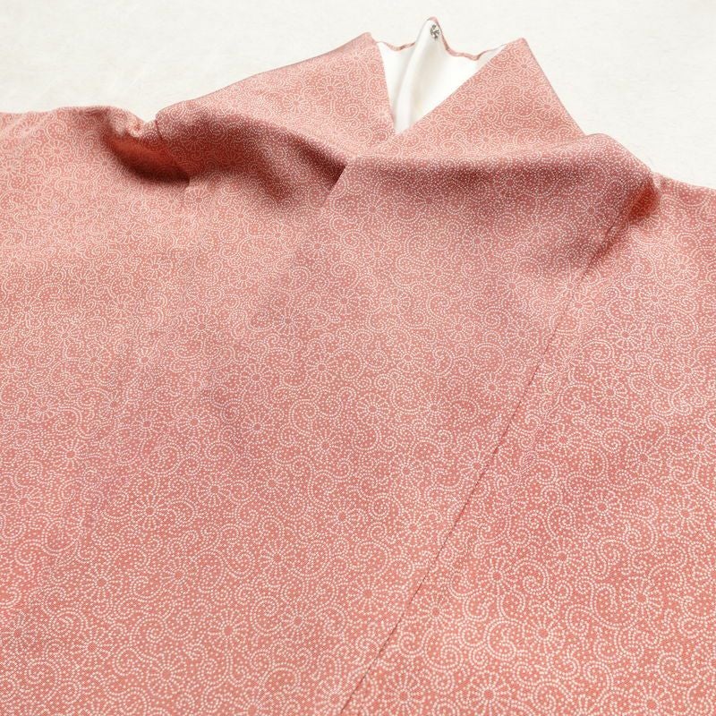 小紋 木下正夫 落款入り 縮緬 一つ紋付き 江戸小紋 付下小紋 正絹 花柄 袷仕立て 身丈152.5cm 裄丈65cm 着物 ピンク_画像18