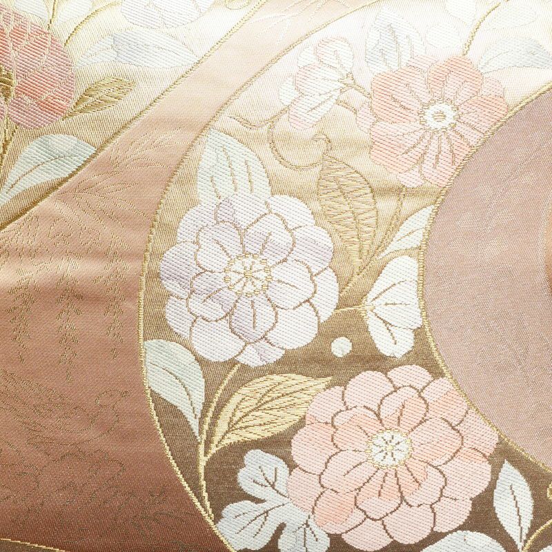 袋帯 六通柄 フォーマル用 正絹 花柄 箔 金糸 帯 サーモンピンク ピンク_画像2