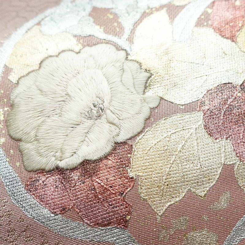 袋帯 六通柄 フォーマル用 正絹 花柄 箔 刺繍 帯 ピンク_画像4