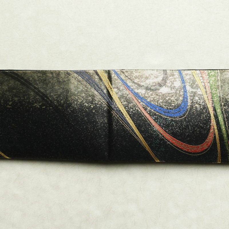 袋帯 六通柄 フォーマル用 正絹 流水・波柄 箔 金糸 帯 黒_画像14