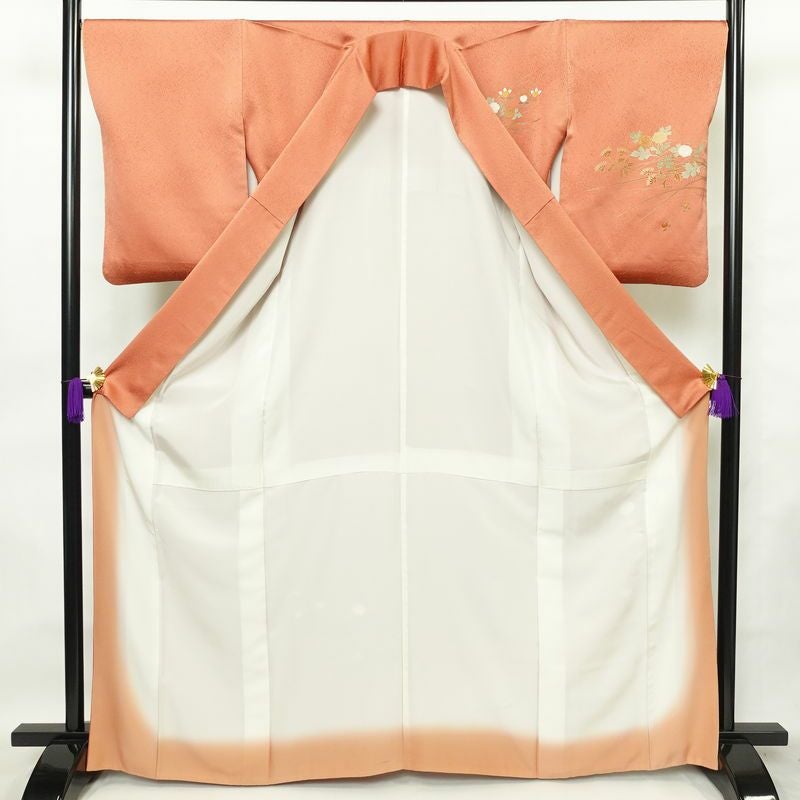 付け下げ 正絹 木の葉・植物柄 袷仕立て 身丈166cm 裄丈67.5cm 箔 金彩 フォーマル 着物 橙_画像3