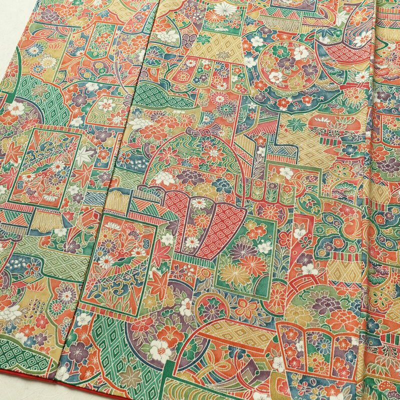 小紋 縮緬 総柄 正絹 古典柄 袷仕立て 身丈163cm 裄丈65cm 一部しつけ糸付き 着物 多色使い_画像4