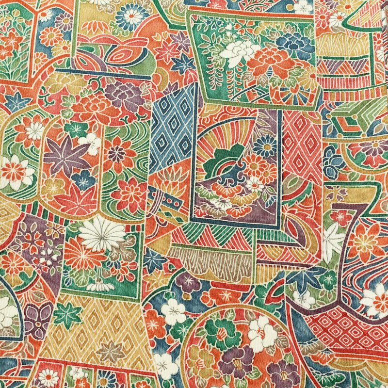 小紋 縮緬 総柄 正絹 古典柄 袷仕立て 身丈163cm 裄丈65cm 一部しつけ糸付き 着物 多色使い_画像6