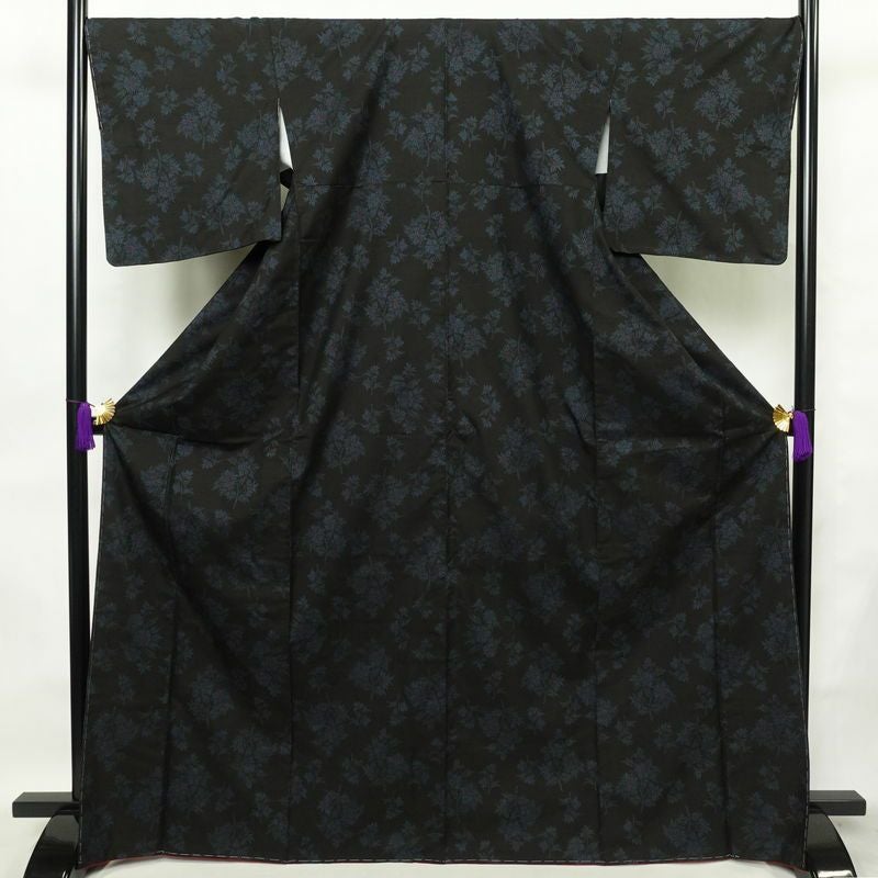 大島紬 しつけ糸付き 正絹 木の葉・植物柄 袷仕立て 身丈170cm 裄丈69.5cm 着物 黒_画像1