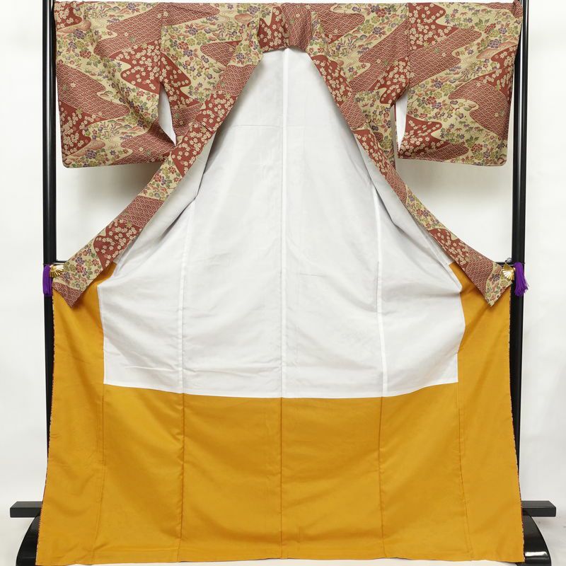 小紋 美品 しつけ糸付き 総柄 ポリエステル 古典柄 袷仕立て 身丈175.5cm 裄丈72cm 着物 小豆・エンジ_画像3