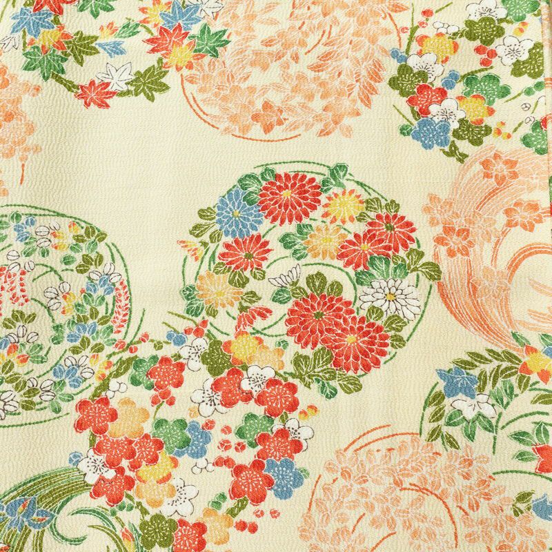 小紋 縮緬 総柄 正絹 花柄 袷仕立て 身丈166cm 裄丈65.5cm 一部しつけ糸付き 着物 クリーム_画像6