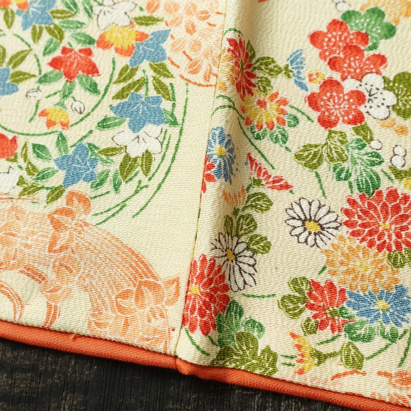 小紋 縮緬 総柄 正絹 花柄 袷仕立て 身丈166cm 裄丈65.5cm 一部しつけ糸付き 着物 クリーム_画像11