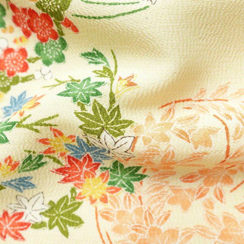 小紋 縮緬 総柄 正絹 花柄 袷仕立て 身丈166cm 裄丈65.5cm 一部しつけ糸付き 着物 クリーム_画像21