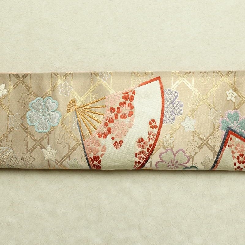 袋帯 全通柄 フォーマル用 正絹 古典柄 箔 金糸 扇子 帯 ベージュ_画像14