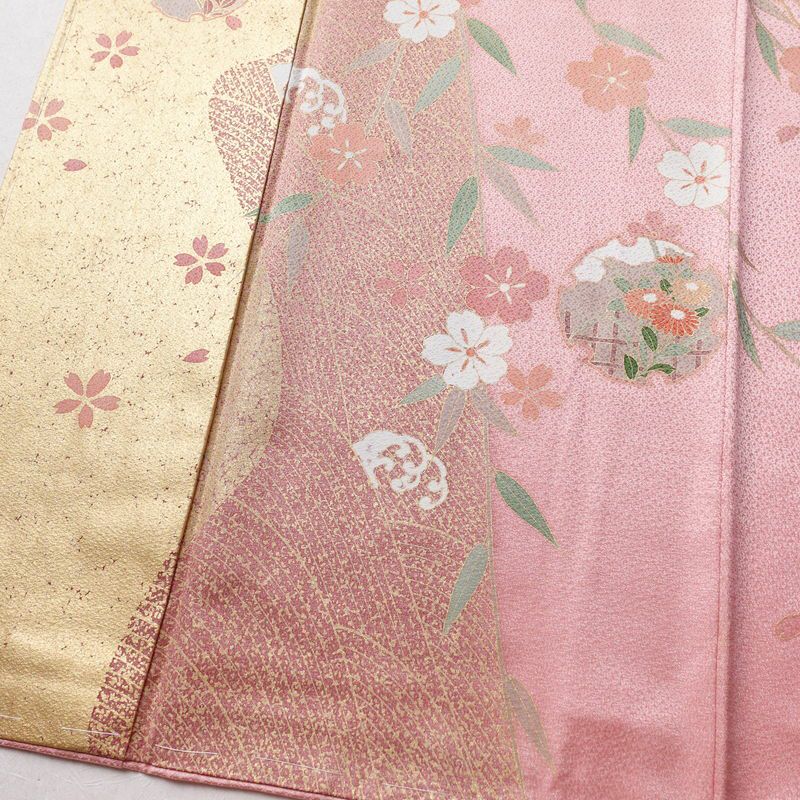 訪問着 良品 しつけ糸付き 正絹 古典柄 袷仕立て 身丈160.5cm 裄丈66cm 箔 共八掛 金彩 フォーマル 着物 ピンク_画像4
