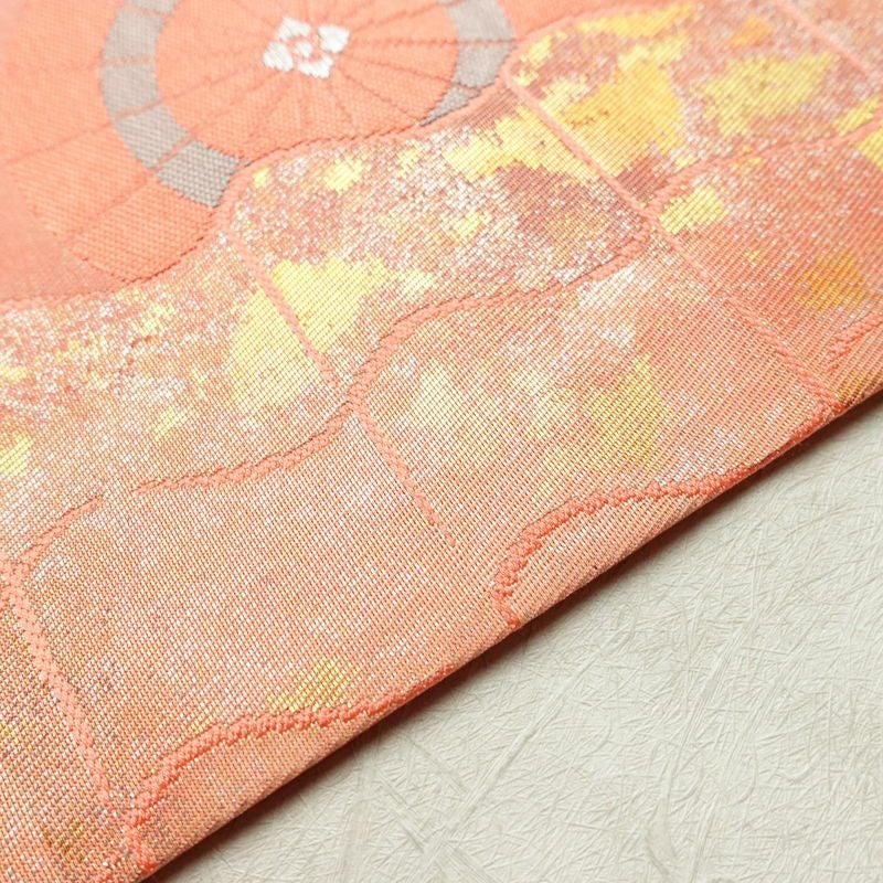 名古屋帯 六通柄 良品 正絹 古典柄 名古屋仕立て 帯 サーモンピンク ピンク_画像13