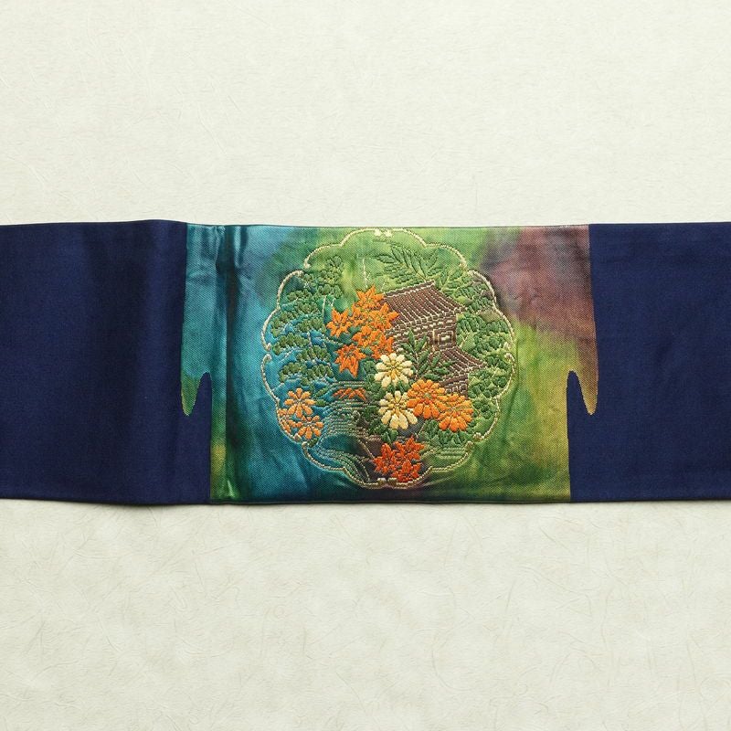 名古屋帯 太鼓柄 正絹 風景柄 名古屋仕立て 金糸 帯 青・紺_画像15