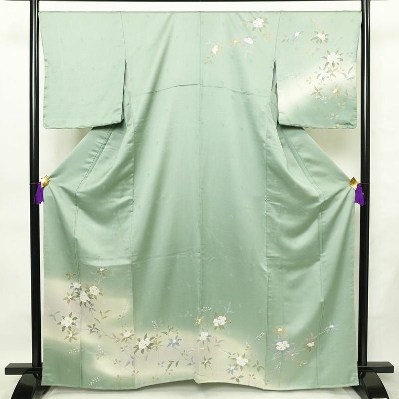 訪問着 良品 しつけ糸付き 綸子 正絹 花柄 袷仕立て 身丈163.5cm 裄丈68cm フォーマル 着物 緑・うぐいす色_画像1