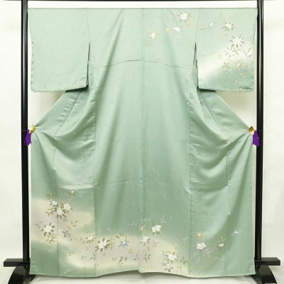 訪問着 良品 しつけ糸付き 綸子 正絹 花柄 袷仕立て 身丈163.5cm 裄丈68cm フォーマル 着物 緑・うぐいす色