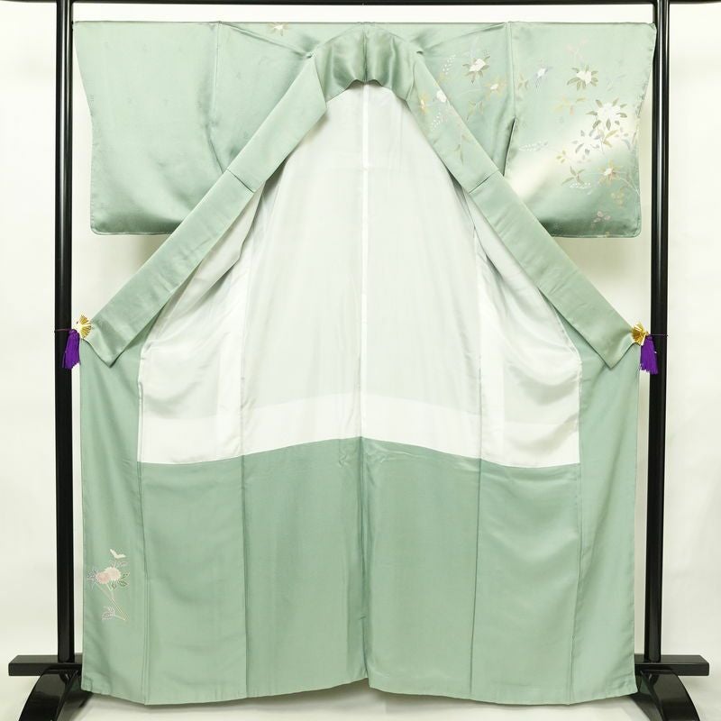 訪問着 良品 しつけ糸付き 綸子 正絹 花柄 袷仕立て 身丈163.5cm 裄丈68cm フォーマル 着物 緑・うぐいす色_画像3