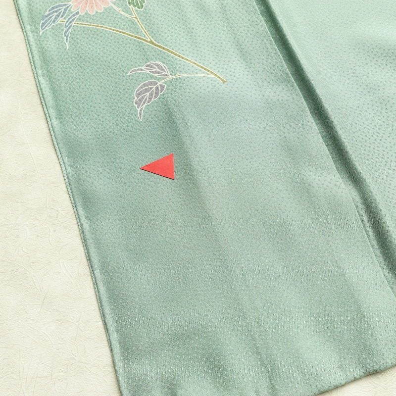 訪問着 良品 しつけ糸付き 綸子 正絹 花柄 袷仕立て 身丈163.5cm 裄丈68cm フォーマル 着物 緑・うぐいす色_画像20