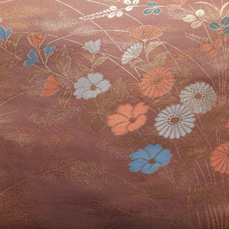 名古屋帯 六通柄 正絹 花柄 名古屋仕立て 菊 萩 箔 帯 小豆・エンジ_画像2