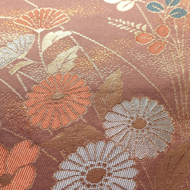 名古屋帯 六通柄 正絹 花柄 名古屋仕立て 菊 萩 箔 帯 小豆・エンジ_画像4