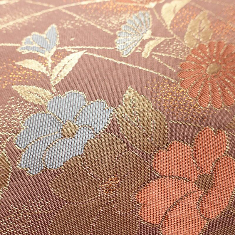 名古屋帯 六通柄 正絹 花柄 名古屋仕立て 菊 萩 箔 帯 小豆・エンジ_画像5