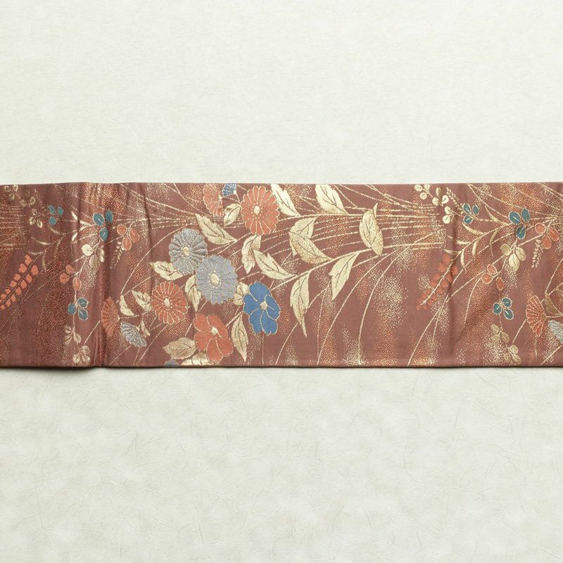 名古屋帯 六通柄 正絹 花柄 名古屋仕立て 菊 萩 箔 帯 小豆・エンジ_画像14