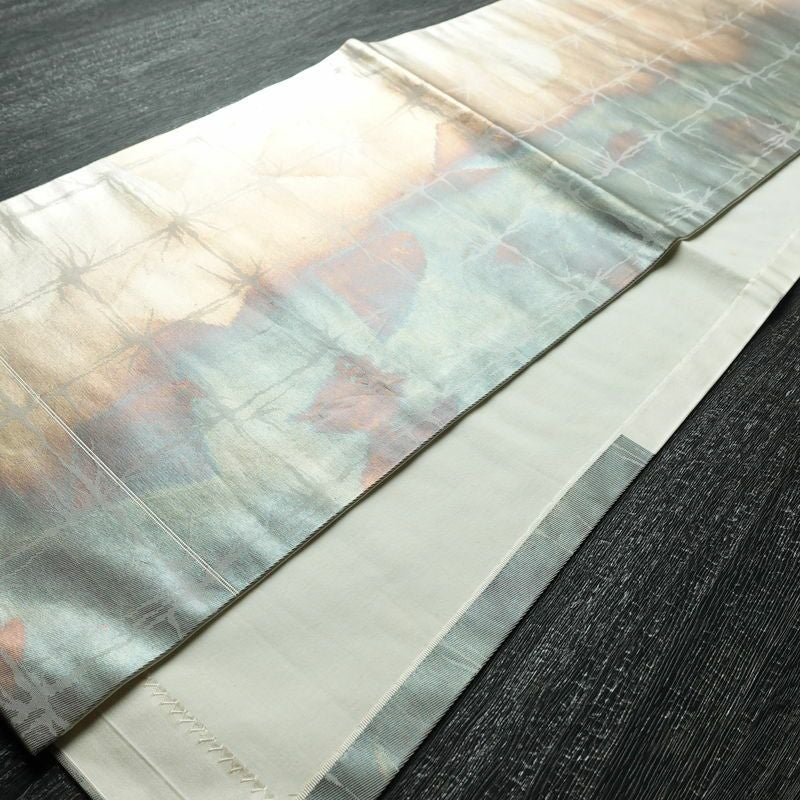 名古屋帯 六通柄 正絹 チェック・格子柄 通し仕立て 箔 帯 多色使い_画像8