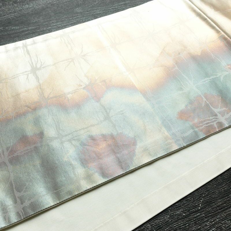 名古屋帯 六通柄 正絹 チェック・格子柄 通し仕立て 箔 帯 多色使い_画像11