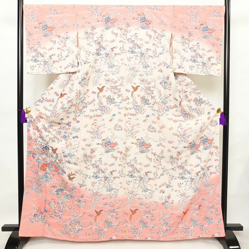 訪問着 しつけ糸付き 縮緬 正絹 花柄 袷仕立て 身丈165cm 裄丈68cm フォーマル 着物 ピンク_画像1