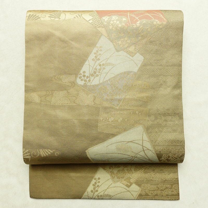 名古屋帯 六通柄 正絹 木の葉・植物柄 名古屋仕立て 箔 帯 黄・黄土色_画像1
