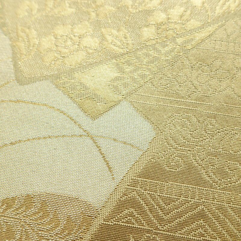 名古屋帯 六通柄 正絹 木の葉・植物柄 名古屋仕立て 箔 帯 黄・黄土色_画像4