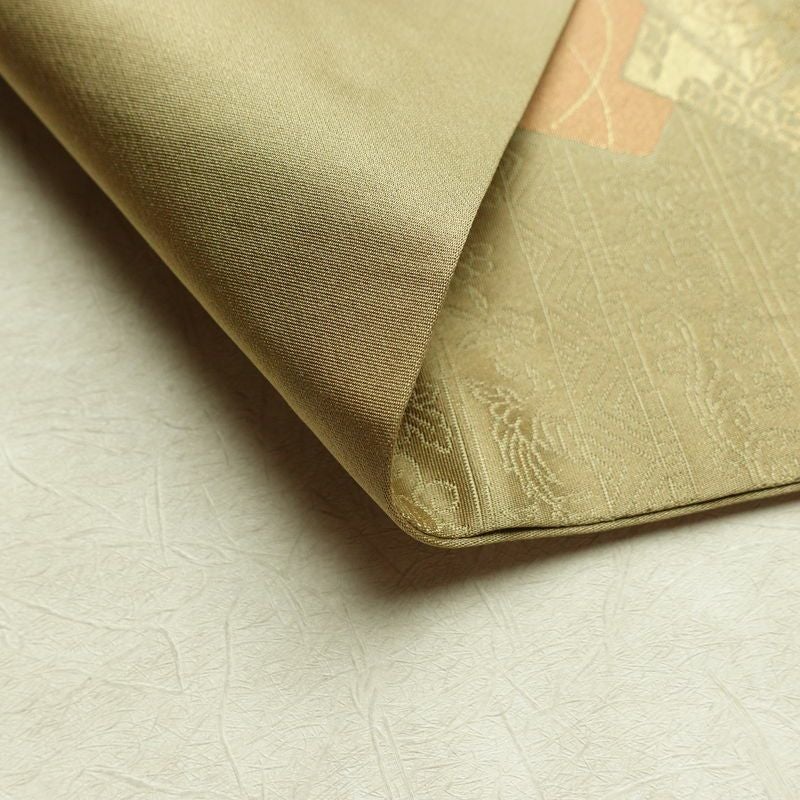 名古屋帯 六通柄 正絹 木の葉・植物柄 名古屋仕立て 箔 帯 黄・黄土色_画像10