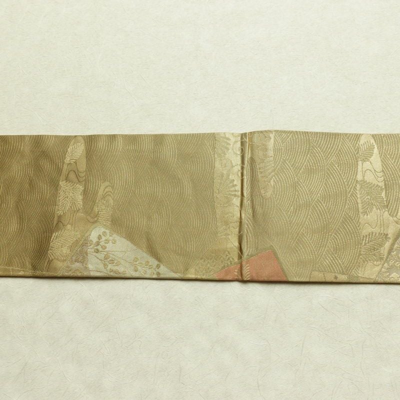 名古屋帯 六通柄 正絹 木の葉・植物柄 名古屋仕立て 箔 帯 黄・黄土色_画像13