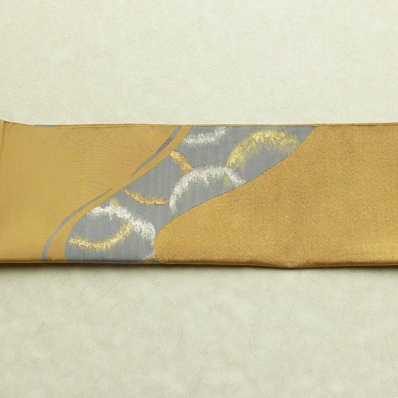 名古屋帯 太鼓柄 正絹 幾何学柄・抽象柄 通し仕立て 箔 金糸 銀糸 帯 黄・黄土色_画像14