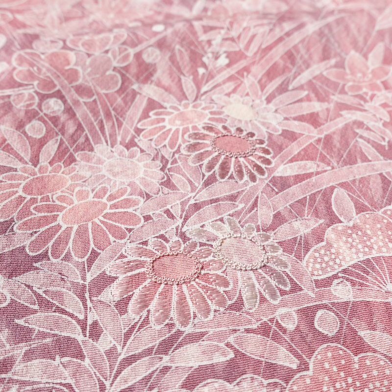 小紋 付下小紋 縮緬 相良刺繍 一つ紋付き 正絹 木の葉・植物柄 袷仕立て 身丈159cm 裄丈64.5cm 刺繍 フォーマル 着物 ピンク_画像9