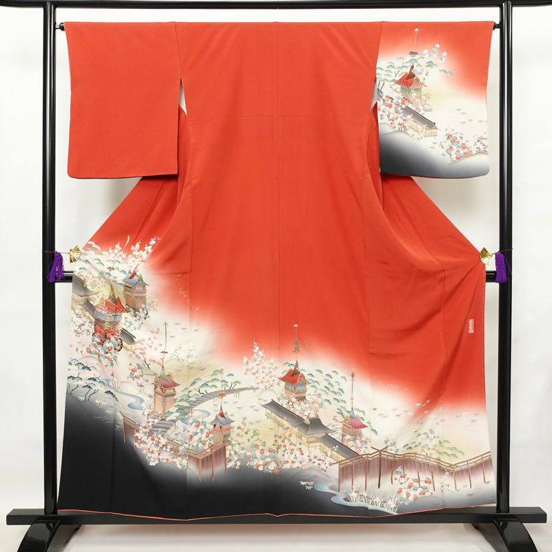 付け下げ 良品 縮緬 正絹 風景柄 袷仕立て 身丈155.5cm 裄丈65.5cm 箔 金彩 フォーマル 着物 赤・朱_画像1