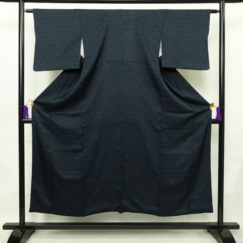 小紋 アンティーク風 混紡 幾何学柄・抽象柄 袷仕立て 身丈150.5cm 裄丈62cm 一部しつけ糸付き 着物 青・紺_画像1